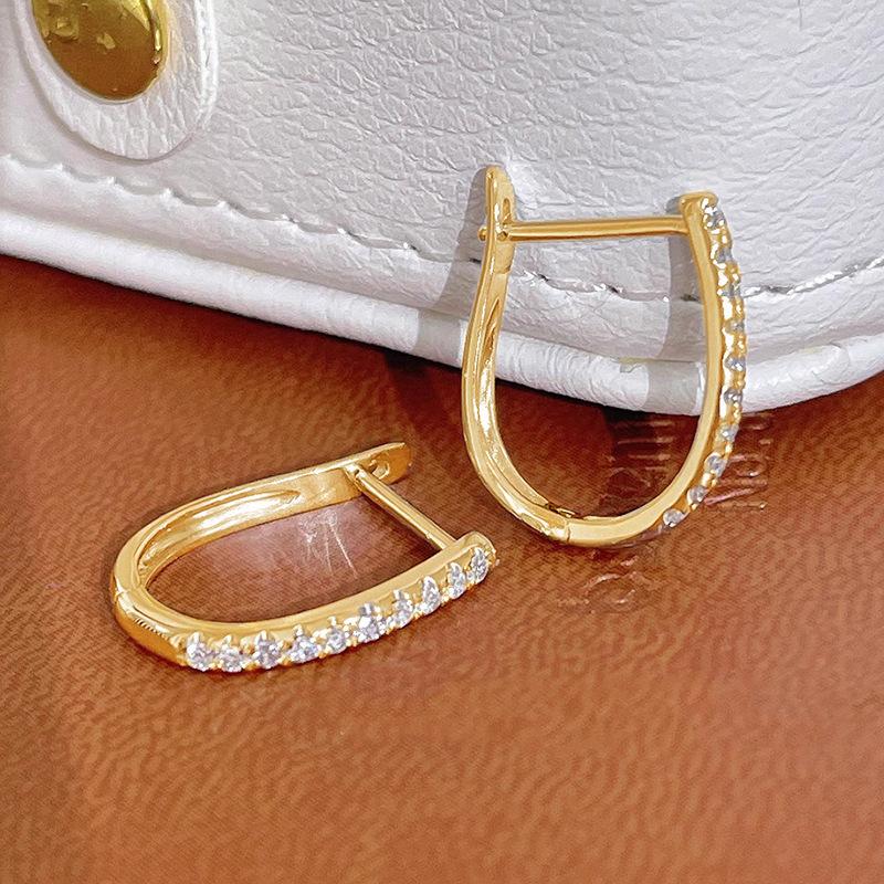 Half Inlaid Round Cubic Zirconia U Shaped Click Closure Hoop Earrings Polished Silver Minimalist Ladies Casual Accessories