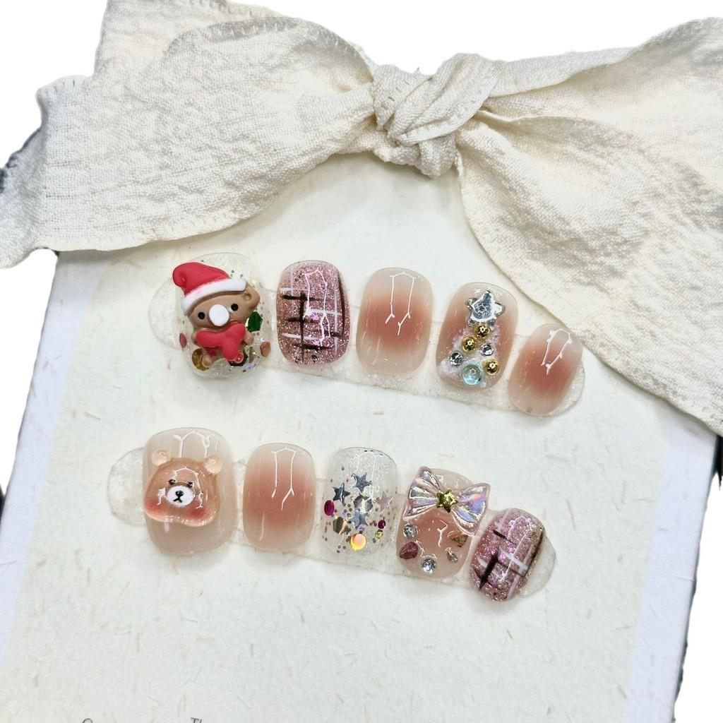 Sticker Christmas Nail Short Round Santa Bear Christmas Tree Powder Bow Blusher