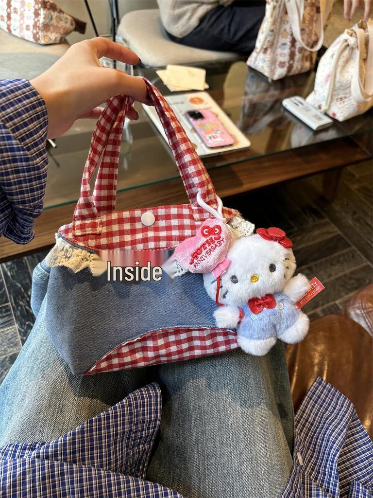 Korean Artistic Retro Plaid Handbag with Lace Trim In Red & Blue