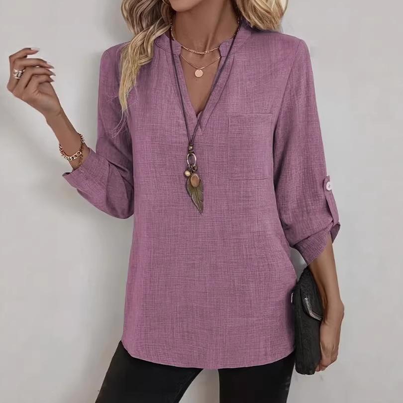 2026 Spring/Summer Women's Casual Plus Size V-Neck Solid Color Shirt