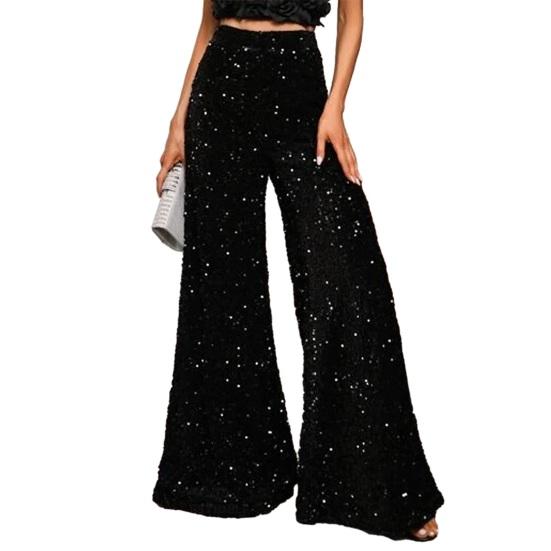 Yousheng Damenhose, elastischer, hochgeschnittener, weiter Bein-Hosen-Schnitt, glitzerndes Pailletten-Design, Freizeithose für Partys, Urlaub, Streetwear