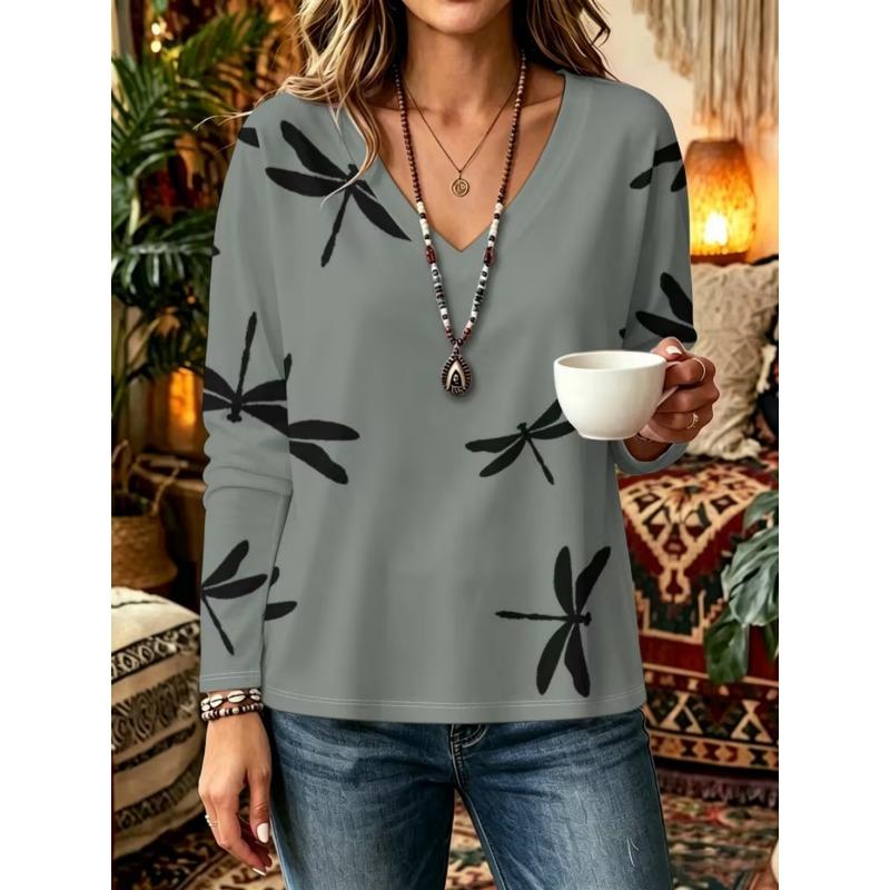 Autumn and Winter Women's Long-sleeved V-neck T-shirt