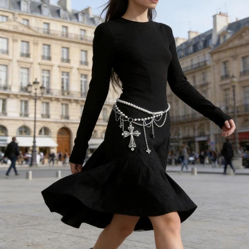Edgy Crosses Design Pearls Chain Waist Chain For Punk Rock Concerts And Casual Streetwear