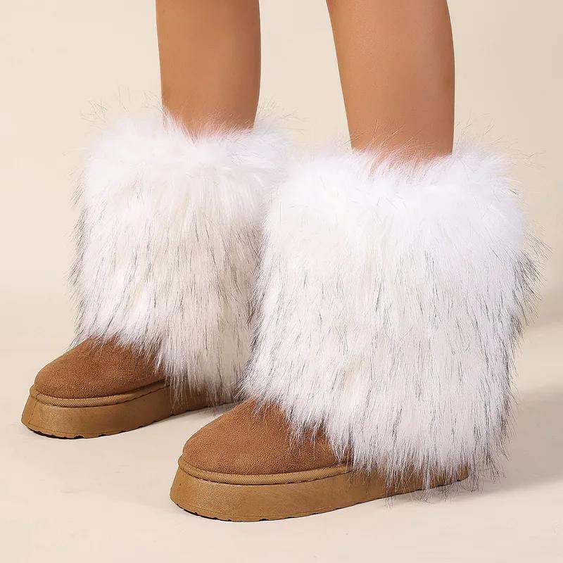Winter women faux fur snow boots warm short plush lining fluffy fashion furry shoes woman platform suede leather ankle boots