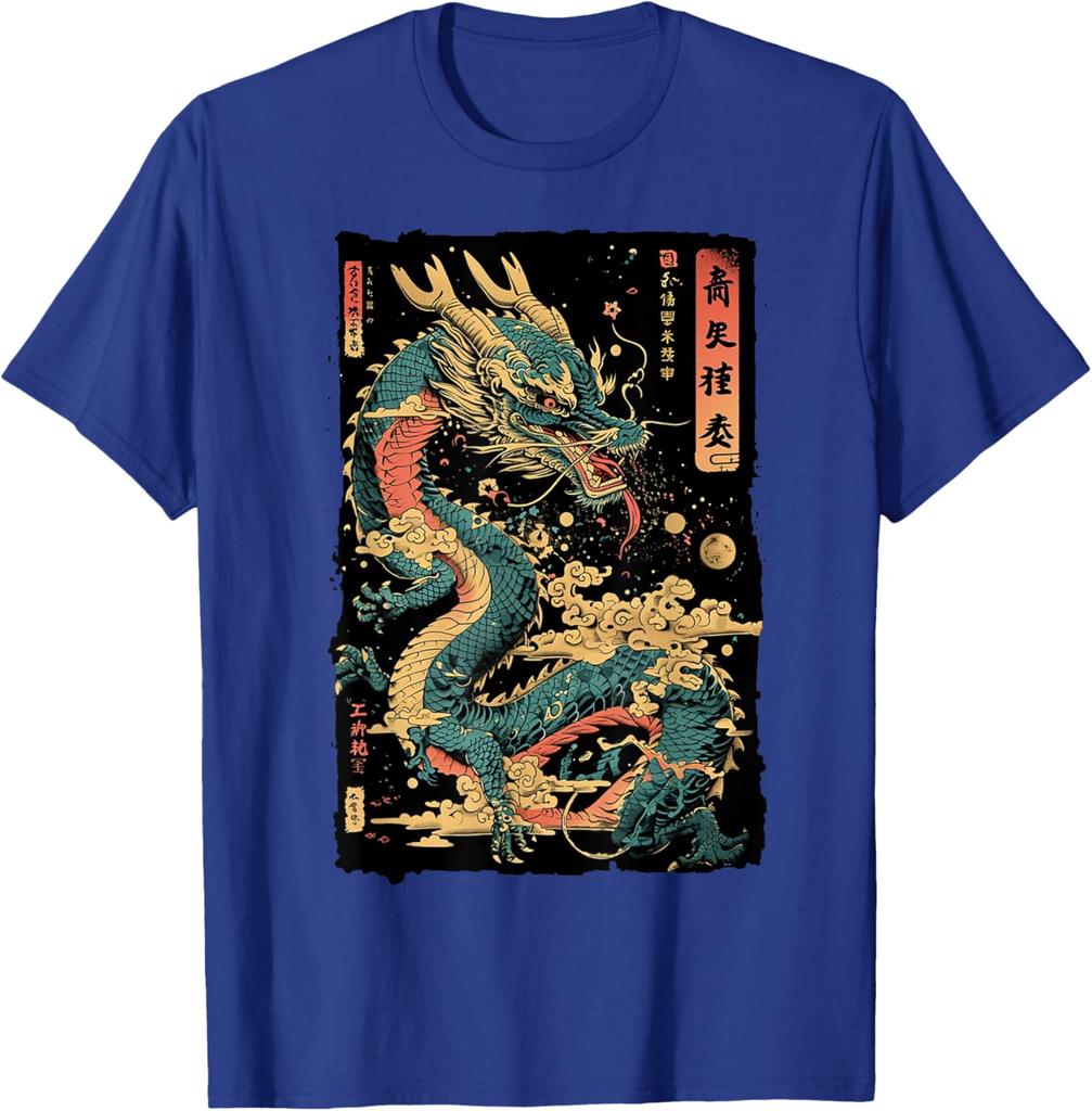 Japanese Dragon Graphic Tee Mens Casual Cotton Print Short Sleeve Crew Neck TShirt