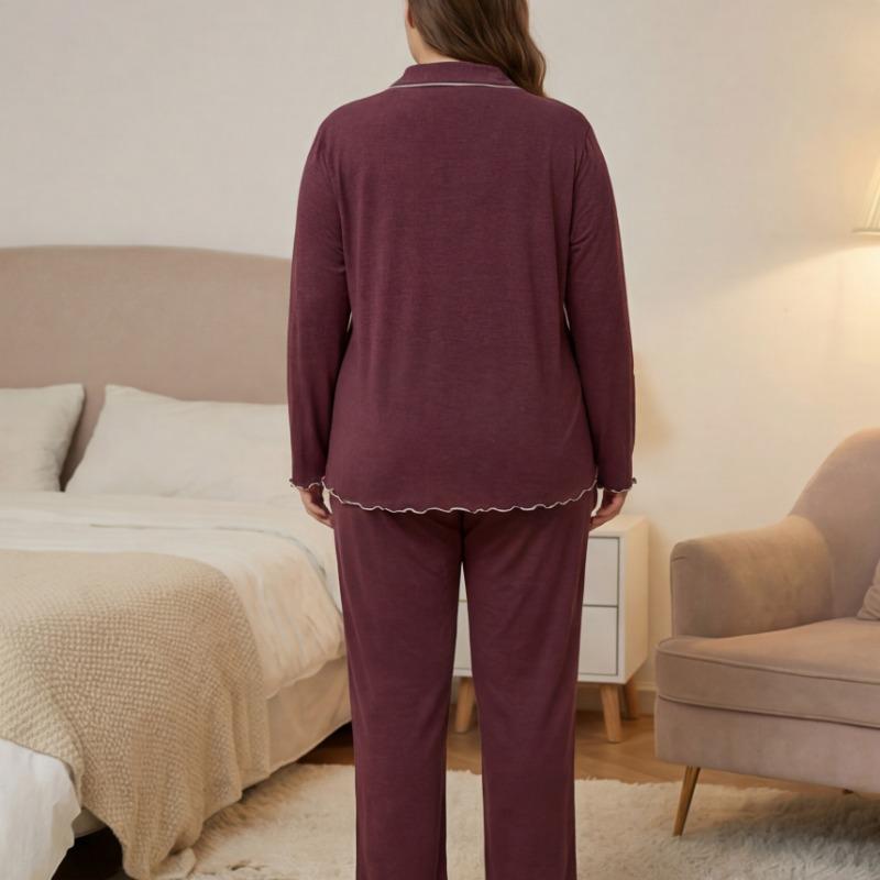 Plus Size Women Two Piece Pajama Set Button Front Cardigan Loose Knit Casual Loungewear Home Sleepwear