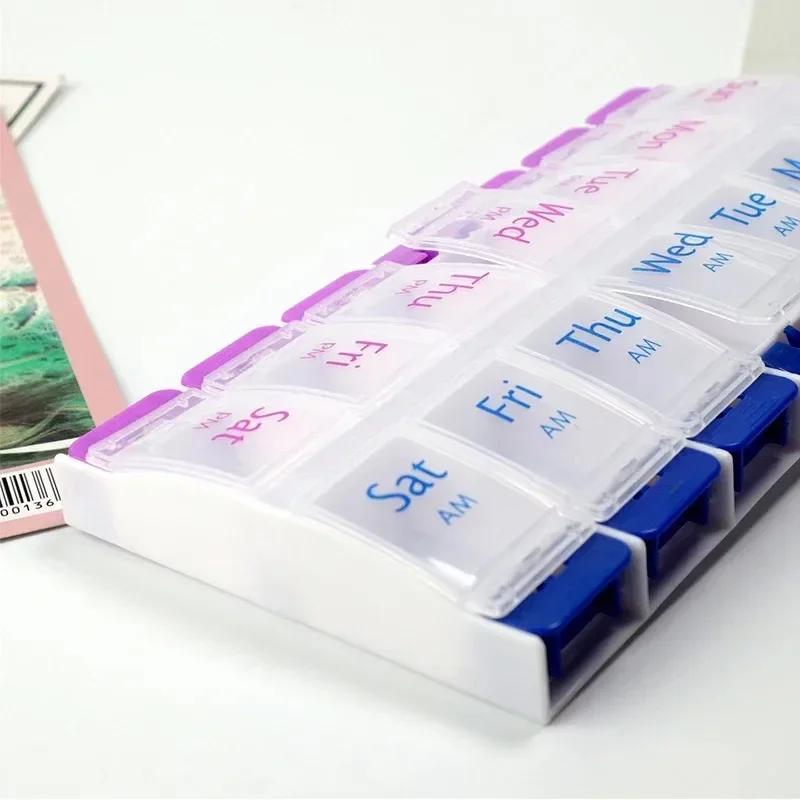 Push Button (7-Day) Pill Case, Medicine Planner, Vitamin Organizer, 2 Times a Day AM/PM, Large Compartments, Arthritis Friendly
