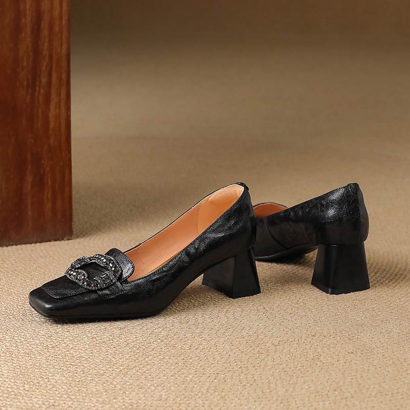 Krazing Pot Vintage Sheepskin Summer Autumn Thick High Heels Party Shoes Women Square Toe Crystal Buckle Wedding Pumps