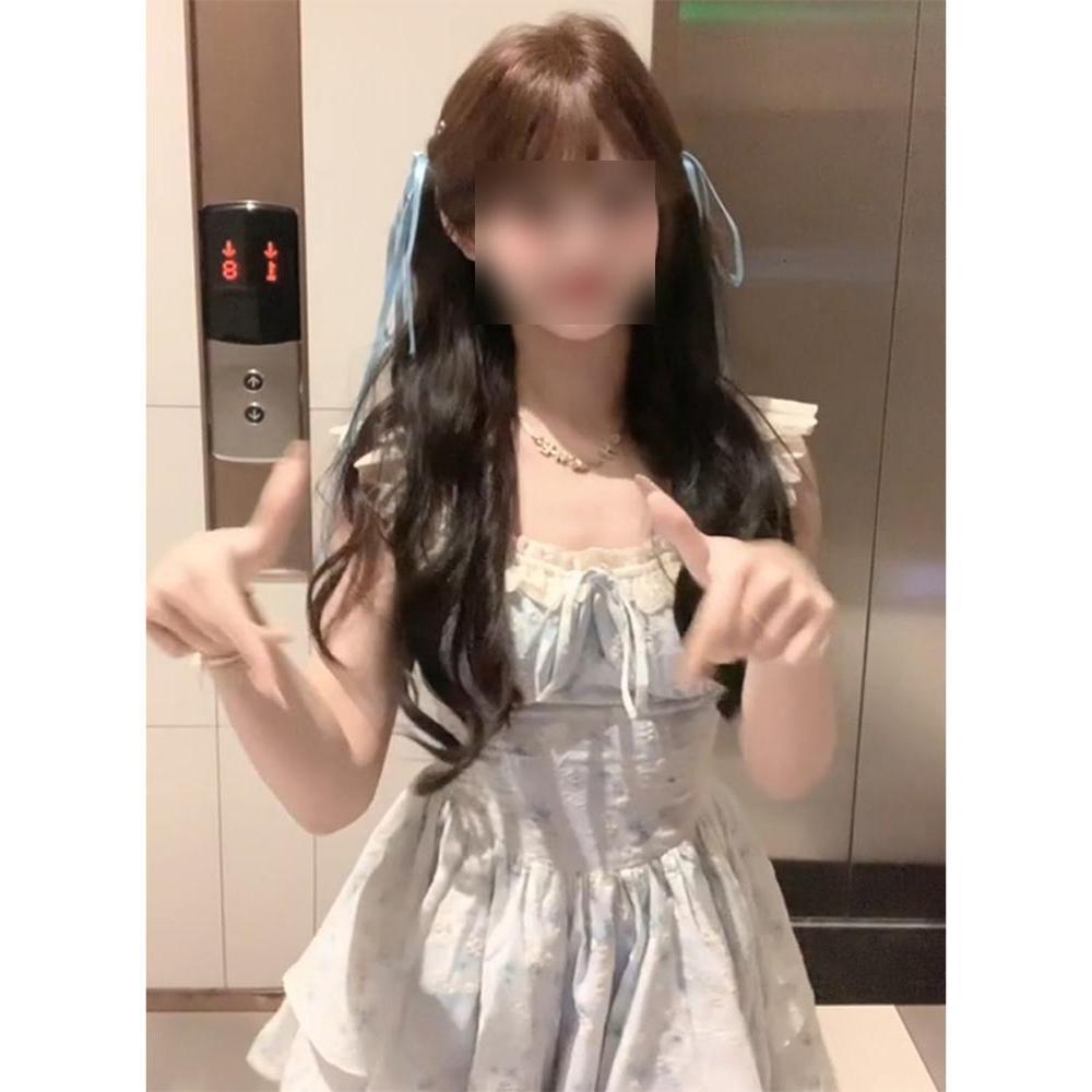 SISI sauce, cherry-woven flower plumes, blue delicate and sweet small flying sleeves, gentle floral waist princess style dress women