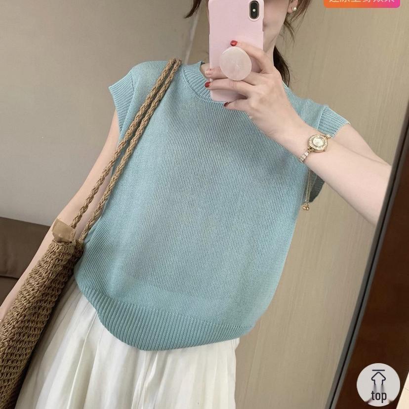 2026 Summer Orange Ice Silk Knitwear: Stylish Round Neck Short Sleeve Solid Color Top for Petite Women