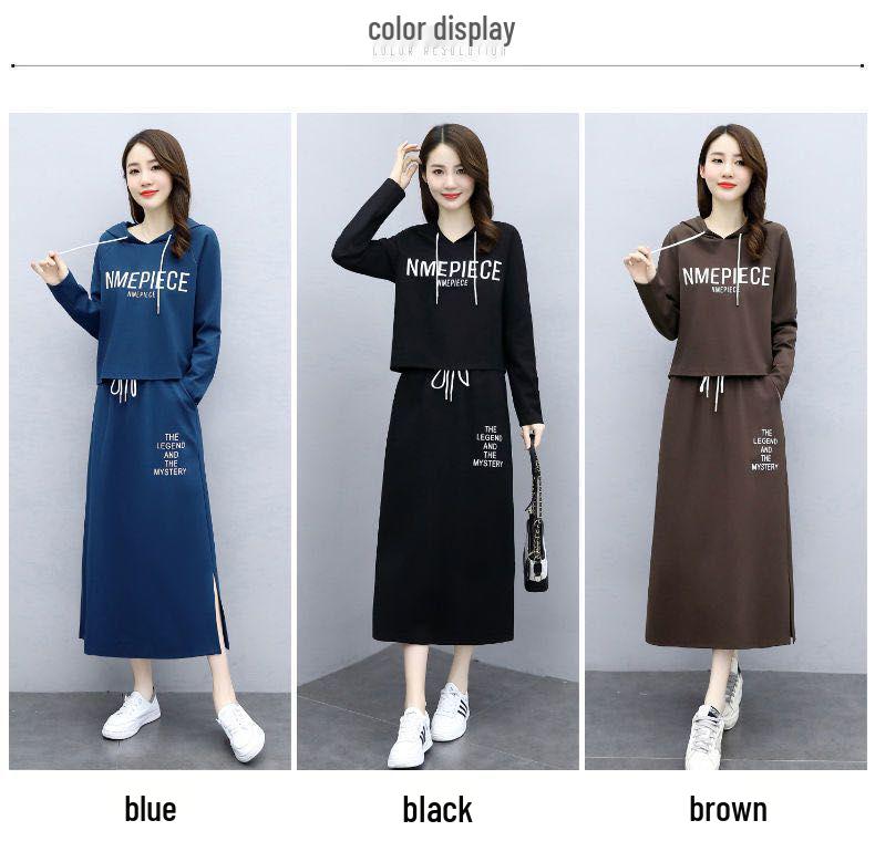 Casual Long Sleeve Letter Print Hoodie & Drawstring Midi Skirt Set for Women