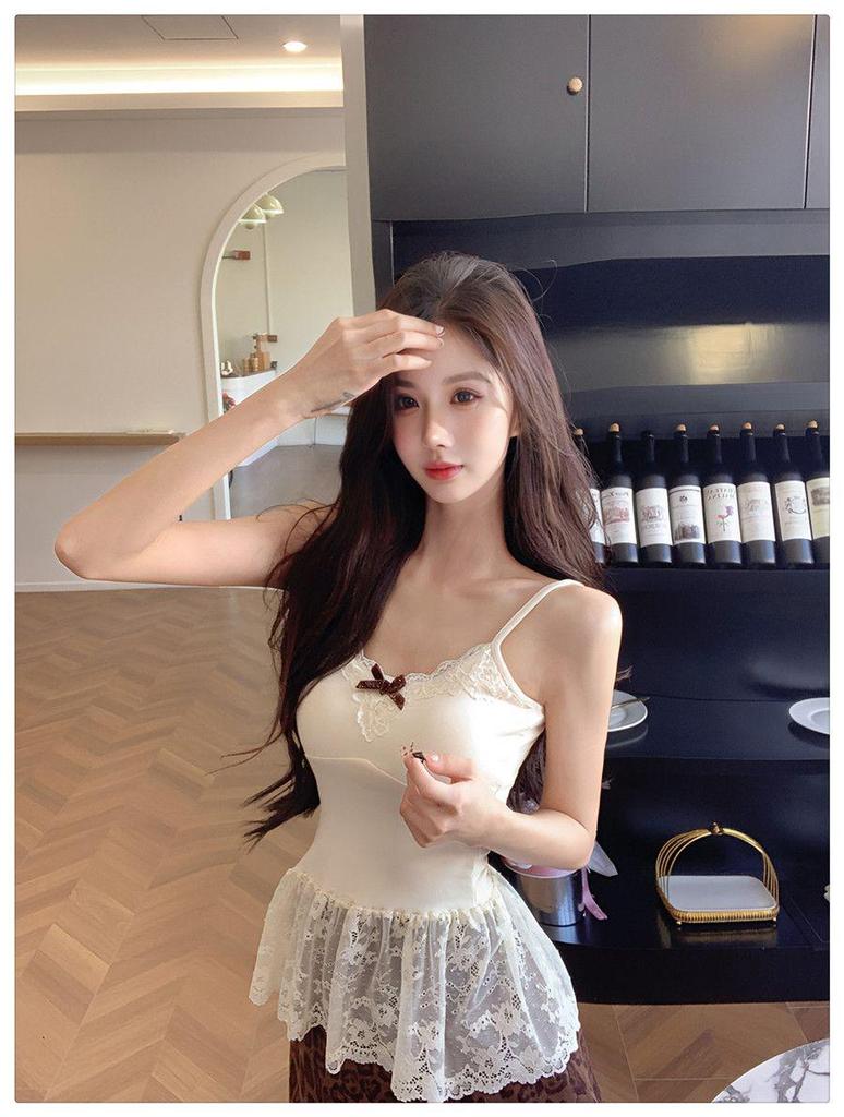 Women's Sweet French Bow Layered White Lace Camisole - Sleeveless Top for Autumn and Winter