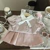 2025 Girls' Korean Academy Style Plaid Shirt & Pink Pleated Skort Set