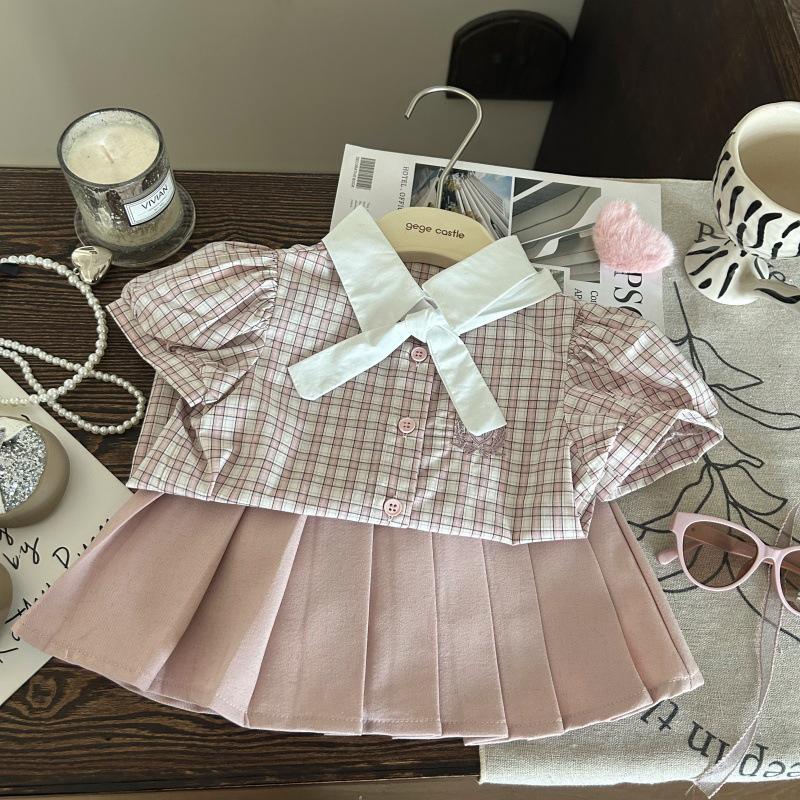 2025 Girls' Korean Academy Style Plaid Shirt & Pink Pleated Skort Set