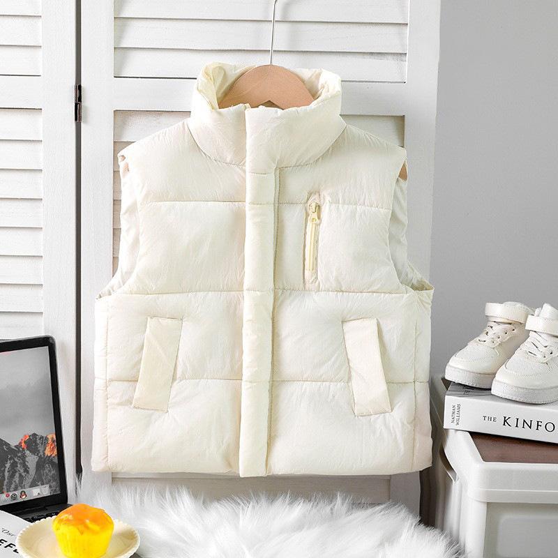 Children's Zippered Down Cotton Stand-up Collar Vests for Autumn and Winter, Solid-colored Vests for Boys and Girls