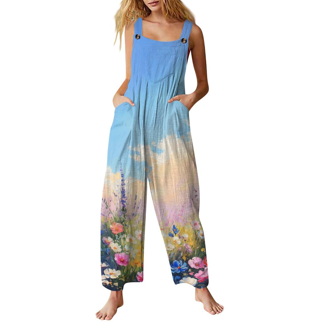 Women's Casual Jumpsuit, Sleeveless Printed Cotton Jumpsuit