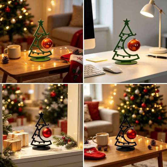 Small Entrance Holiday Displays 3D Printed Christmas Tree Desktop Ornament, Decorative Hollow Figurine with DIY Table Decor Stable Base for