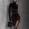 Autumn New Velvet High Neck Lace Frill Slim Fit Mini Dress