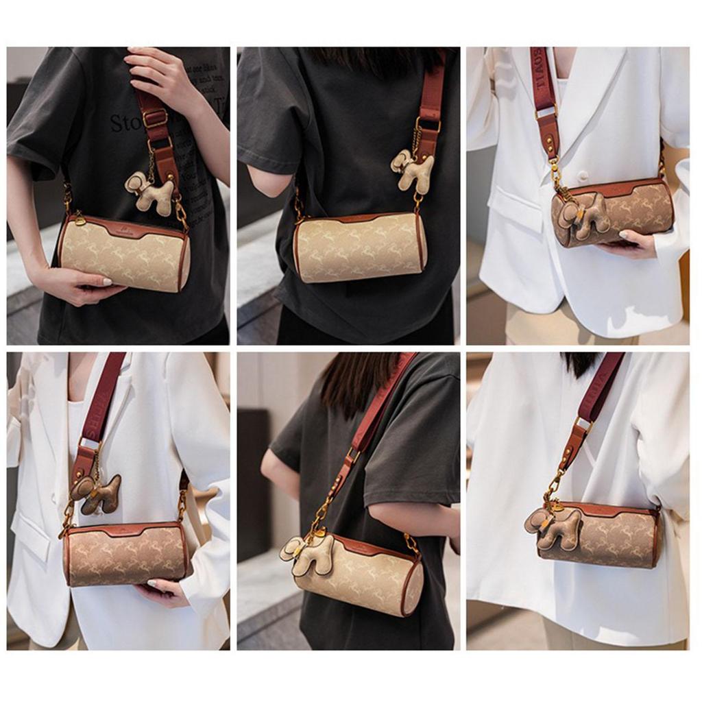 Women's fashionable wide shoulder strap cylindrical bag retro printed pillow bag shoulder bag crossbody bag