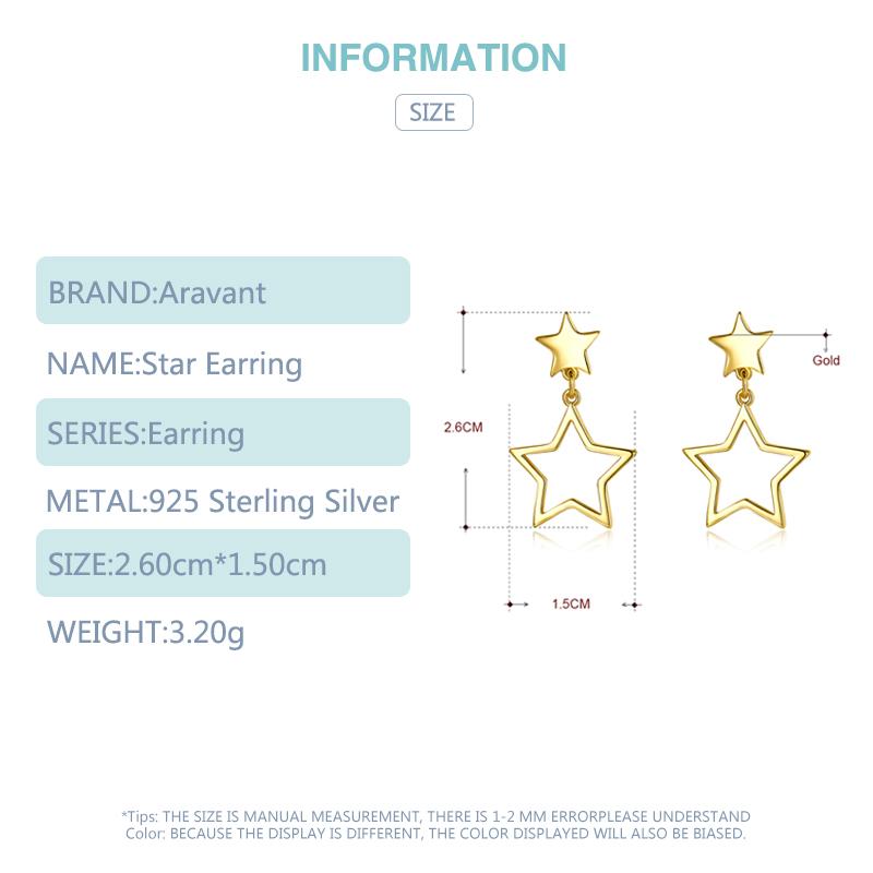 925 Sterling Silver Hollow Star Gold Cercei lungi cu picătură pentru femei Bijuterii de modă