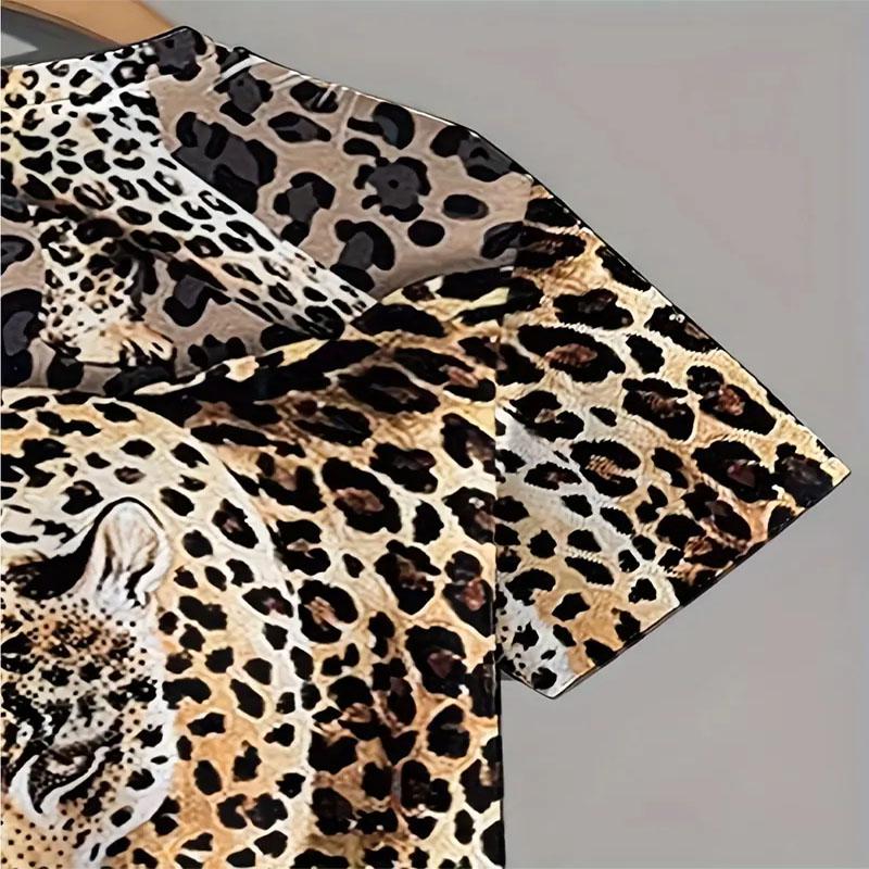 Fierce Leopard Print Men's Comfortable Polyester Fiber Short Sleeved T-shirt for Summer Outdoor Activities and Sports Wear