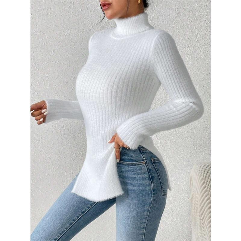 Women's Sexy Sweater Autumn Winter Turtleneck Knit Hem Slit Top Solid Color