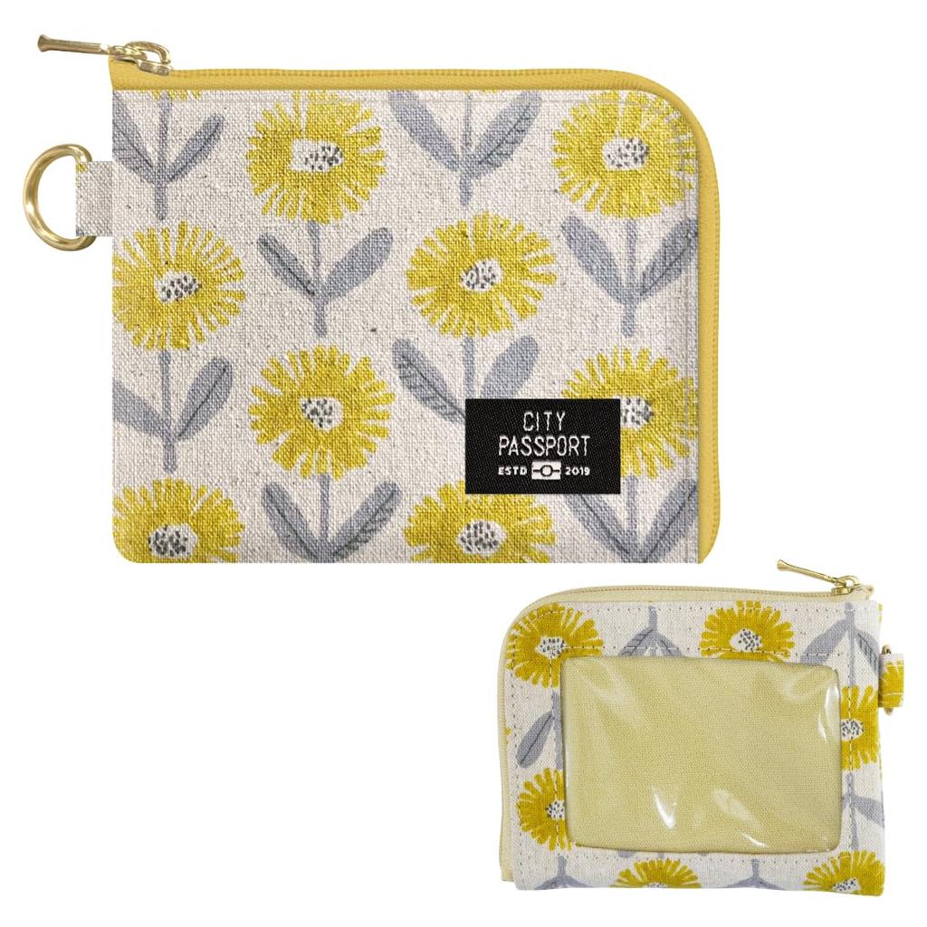 Enkel, smal, liten plånbok med blommigt tryck och myntfack i gult (Tillverkad i Japan, perfekt för resor, resetillbehör, eller som en snygg