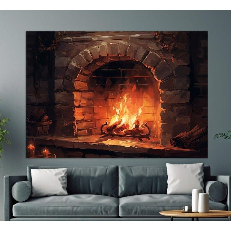 Tapestry antique fireplace painting canvas vintage 75x100