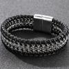 12MM Black Genuine Leather Wrap Bracelet for Men Braided Cowhide & Stainless Steel Mens Bracelets with Magnet Clasp Engraveable