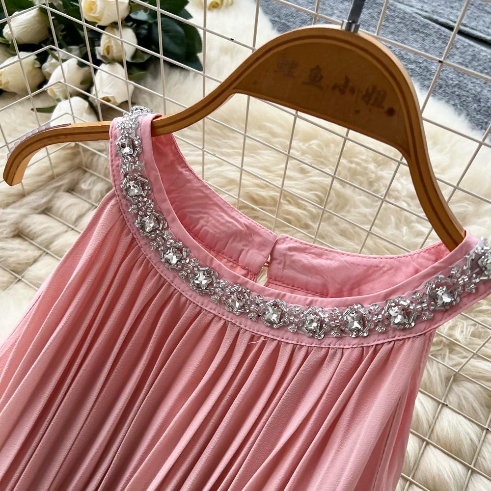 Elegant Beaded Studded Halter Strapless A-line Loose Dress for Women Sweet Pink Sleeveless Lace-up Pleated Dress Holiday Summer Dress