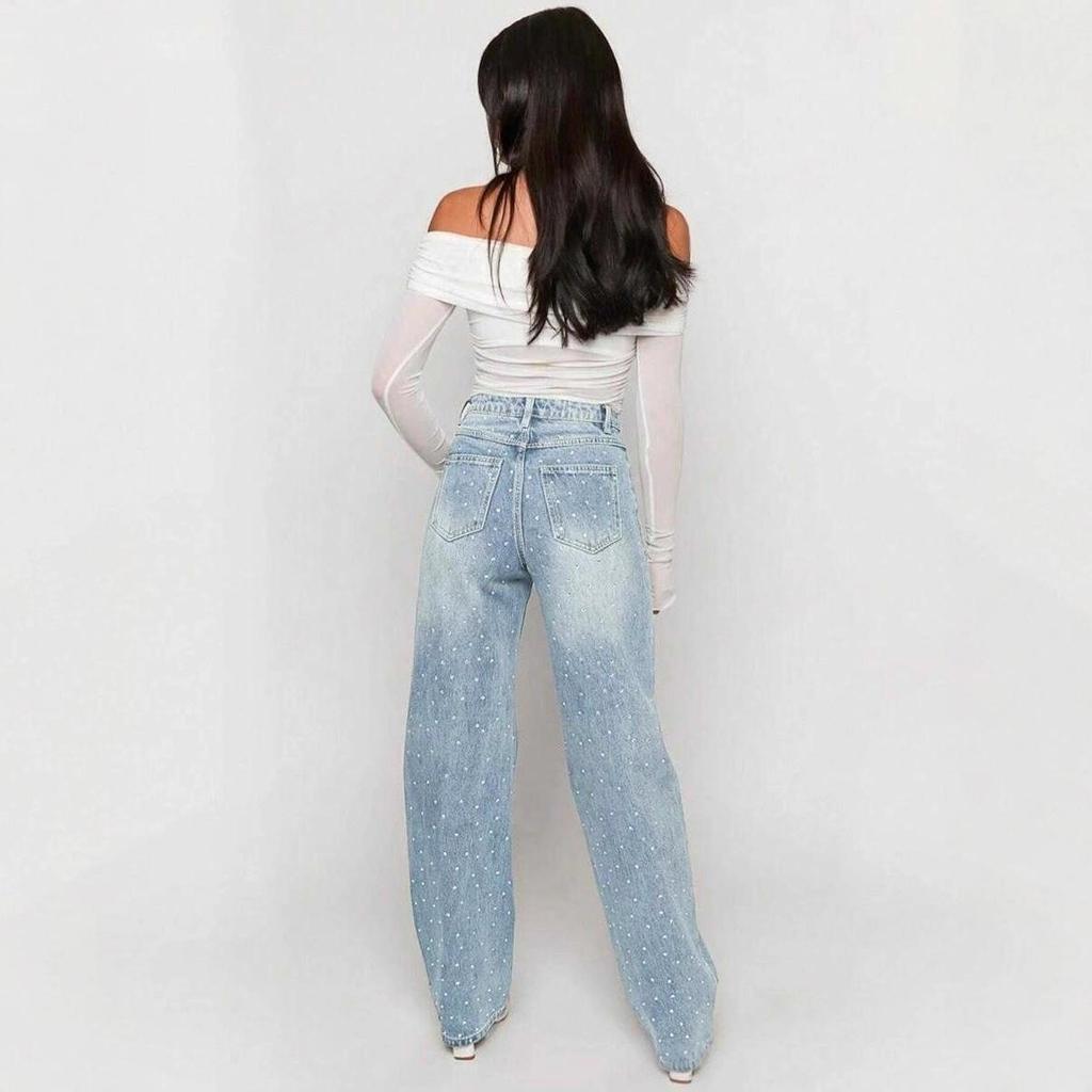 SHEIN Übergröße Strass High-Waist Weitbein Denimhose