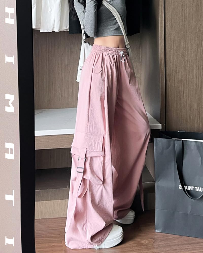 HIMATI Cargo Long Wide Leg Cargo Pants with Loose Hip Hop Stylish Bottoms Pink Large Women's Pants, Pants, Pockets, Fit, Dance, - -