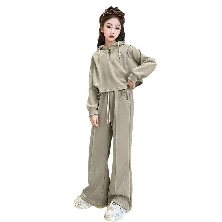 Abbigliamento Primaverile per Ragazze Felpa con Cappuccio Completo Ragazze Eleganti Pantaloni Dritti a Gamba Larga Bambini Grandi Autunno Completo Due Pezzi