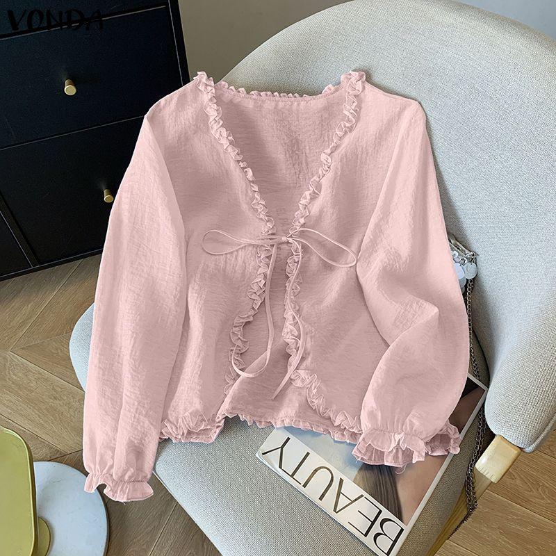 VONDA Women Casual V Neck Loose Long Sleeve Thin Cardigan Blouse
