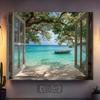 2D Coastal Window View Tapestry, Turquoise Sea & Boat Background Cloth