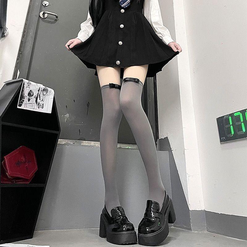 White Silk Bow Stockings For Women Japanese JK Over-the-knee Stockings Sexy Lace High Thigh Fishnet Stockings