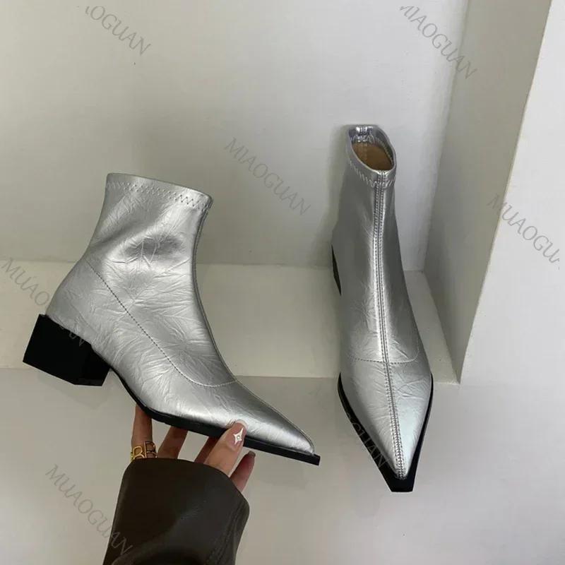 Pointed Toe Women Ankle Boots Fashion Thick Heel Slimming Short Booties Vintage Soft Leather Ladies Shoes Street Style Footwears