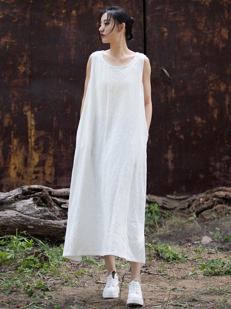 2025 Autumn/Winter Women's Cotton & Linen Ramie Tie-Up Sleeveless Dress - Long Artistic Skirt for Home & Travel