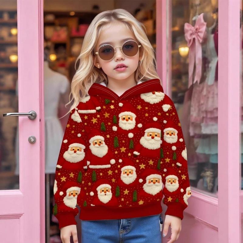 Autumn and Winter Children's Christmas 3D Printed Hooded Comfortable and Versatile Breathable Hoodies & Sweatshirts (Girls)