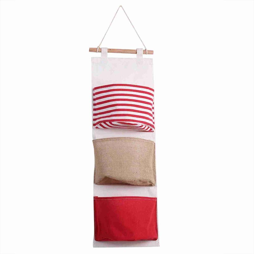 

3Layer Design Hanging Storage Bag Cotton Linen Fabric Wall Pouch Wardrobe Hanging Bag Door Hanging червоний