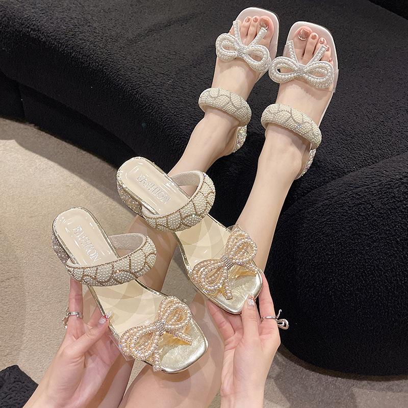 Size 35-42 Celebrity Temperament Cool Slippers Women's 2025 New Rhinestone Bow One-word Dress Wear High Heel Sandals
