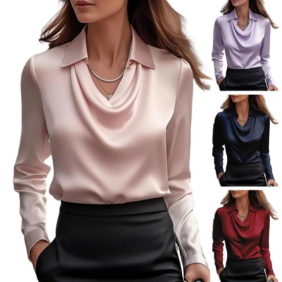 Women Shirt Lapel Swing Collar Long Sleeve Casual Loose Fit Shirt Solid Color Versatile Smooth