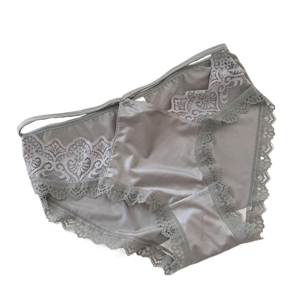 Hollow Ice Silk Thin Belt Panties Flower Satin Silk Lace Thong Women's Lace Mesh Briefs  Girls