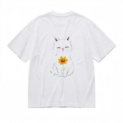 Damen Atmungsaktives Klassisches T-Shirt Lächelnde Katze und Blumendesign Tee