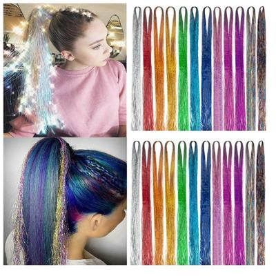 200 Strands Holographic Sparkle Hair Tinsel Extensions Dazzles 90Cm Women Hippie