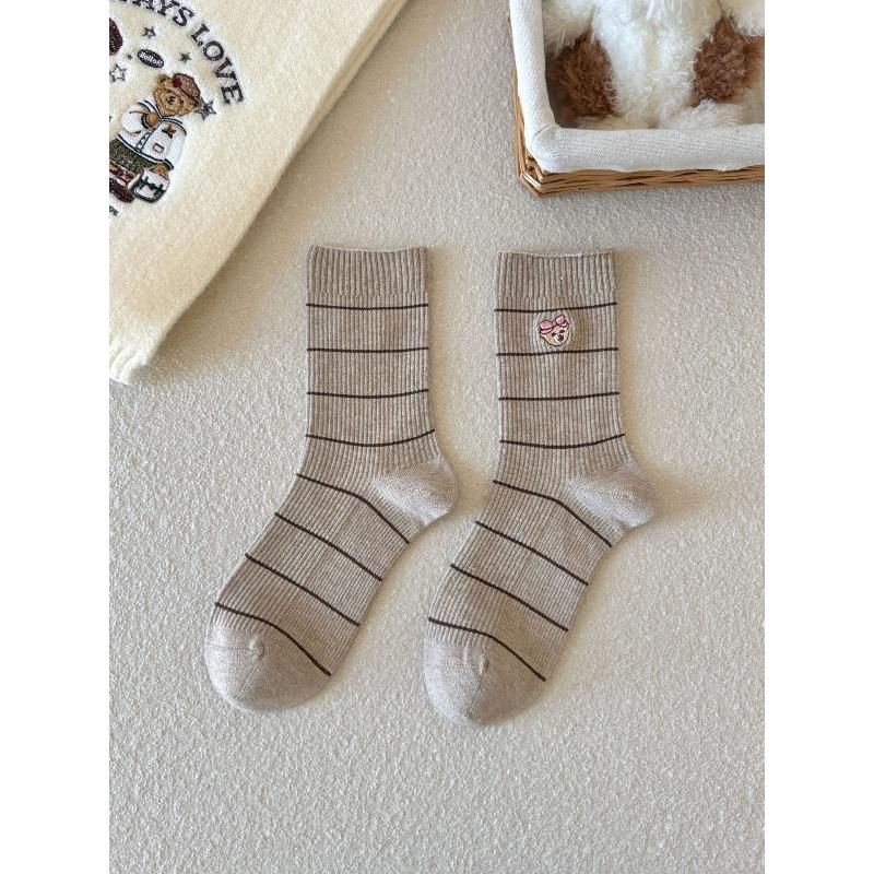 Ladies Autumn and Winter Warm Simple and Versatile Striped Boneless Lovely Cartoon Micro Pressed Wool Mid Tube Socks