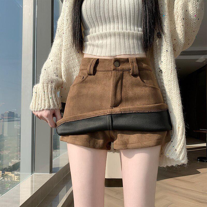 Retro Coffee Suede A-line Mini Skort for Women - Autumn/Winter High Waist Slimming Design Large