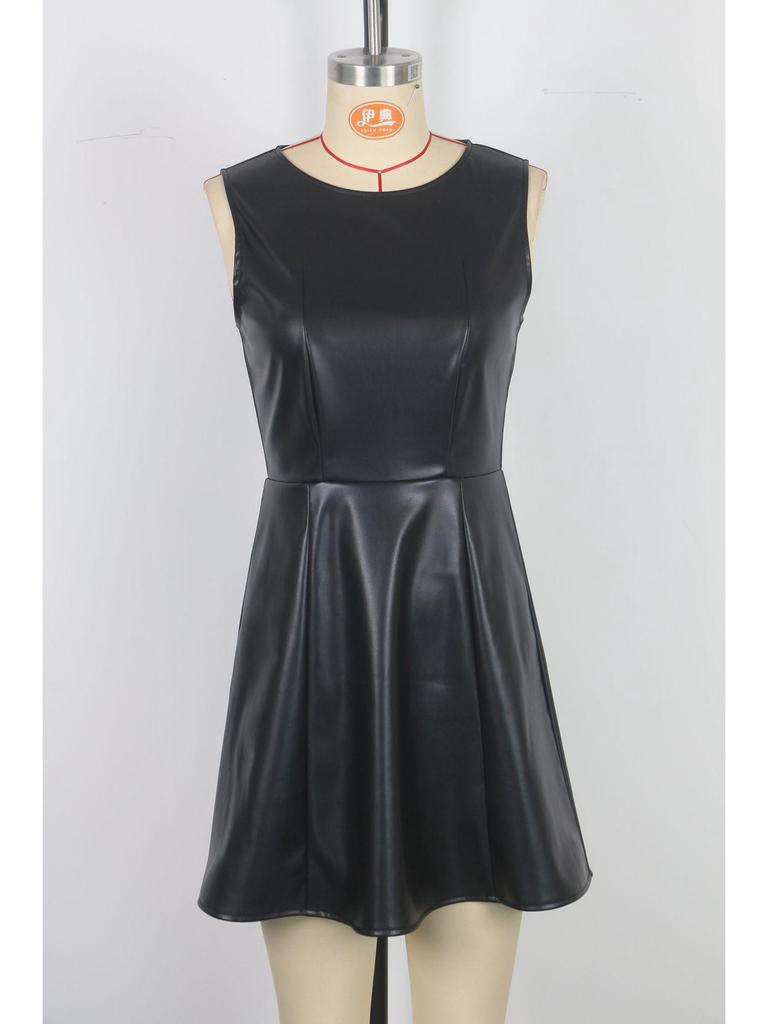 2025 Women's Sexy A-line PU Leather Dress - Sleeveless, Round Neck, Waist-Cinching Design