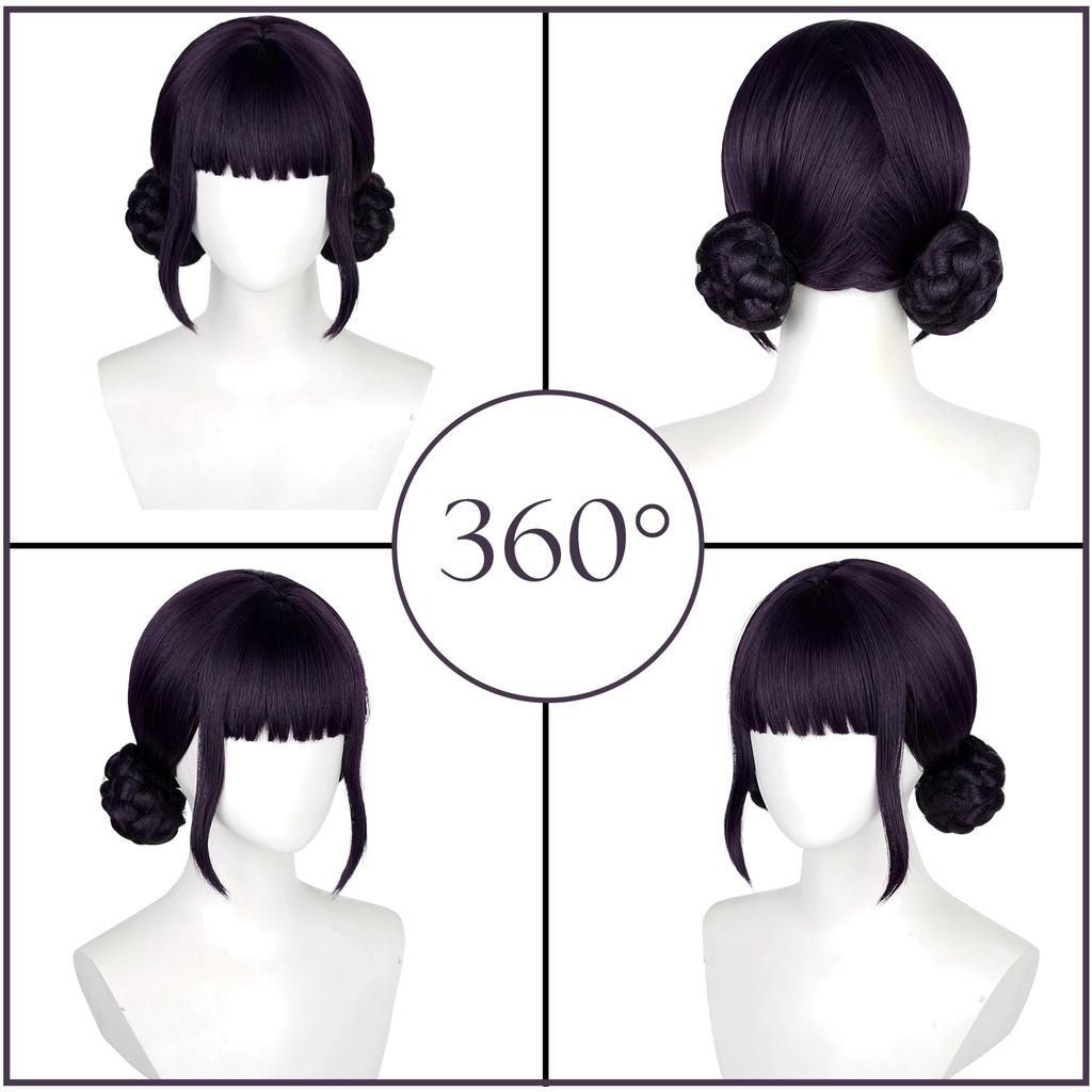 Dark Purple Neat Bangs Long Hair Short Curly Hair Bun Synthetic Short Hair Wig | Animation KPop Demon Hunters Figure Zoe Cosplay