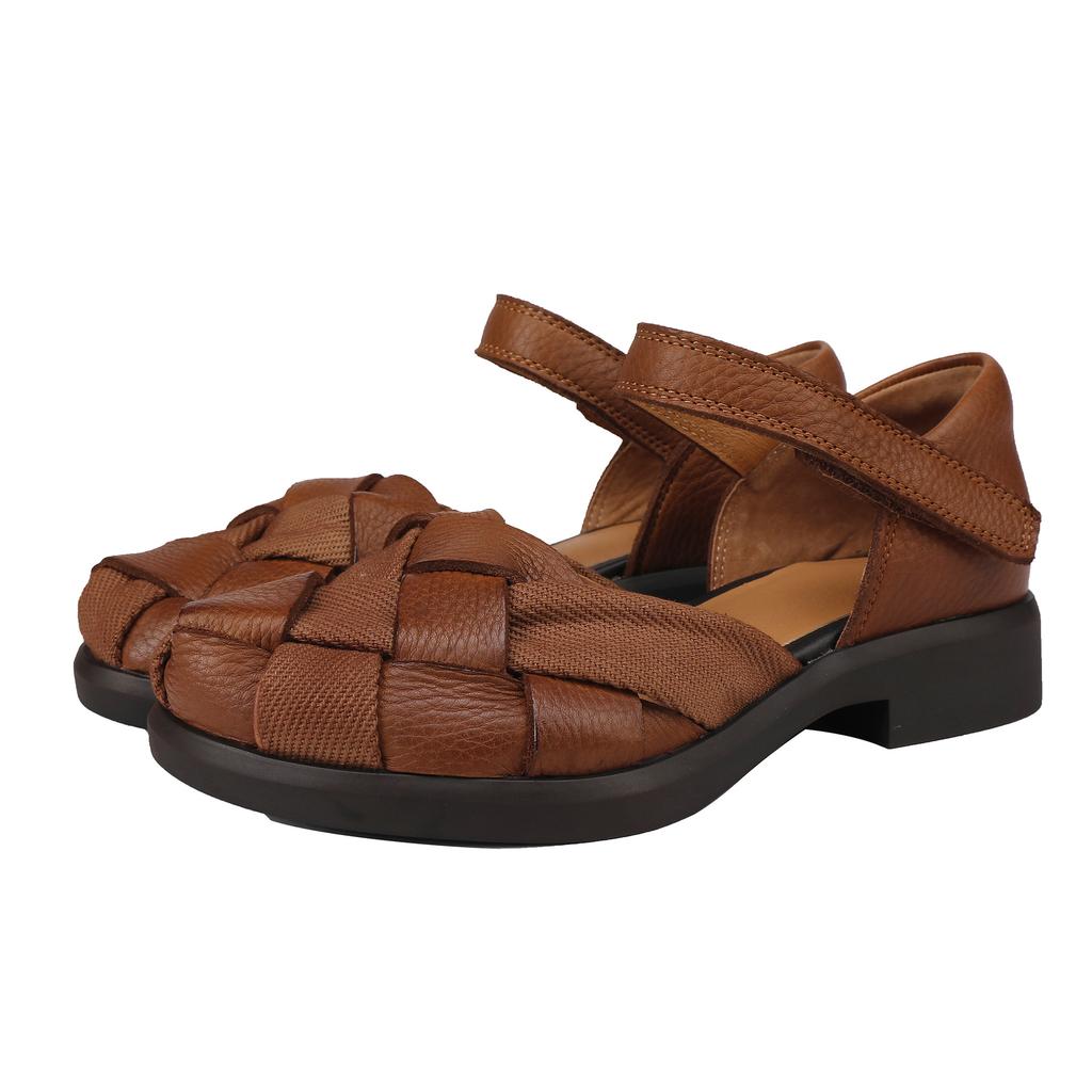 Johnature Vintage Woven Round Toe Sandals Soft Soled Comfortable Low Heeled Women's Shoes